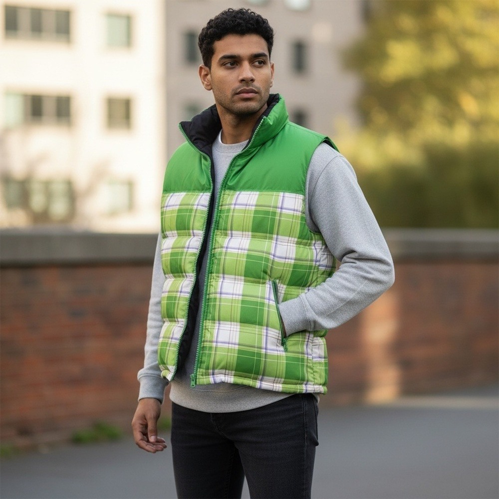 Vintage Jordan Craig Reversible Puffer Vest Green Plaid Black Size XL Hooded NEW